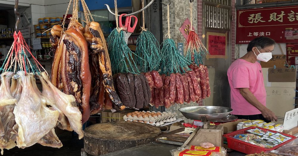 A local meat stand- a common sight in Kowloon's Sham Shui Po neighbourhood.