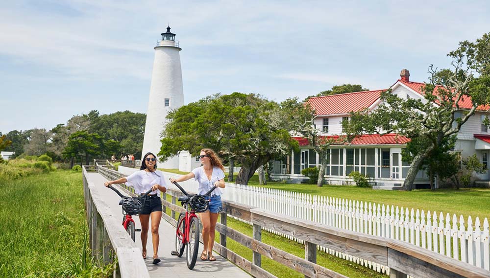 TS North Carolina Ocracoke Island Bikes on Pier in front of Lighthouse in Daytime 1 medium