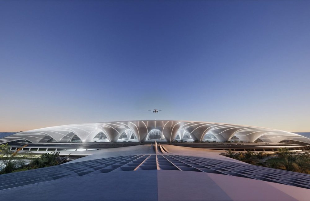 Render of the new passenger terminal building for Dubai World Central – Al Maktoum International Airport.