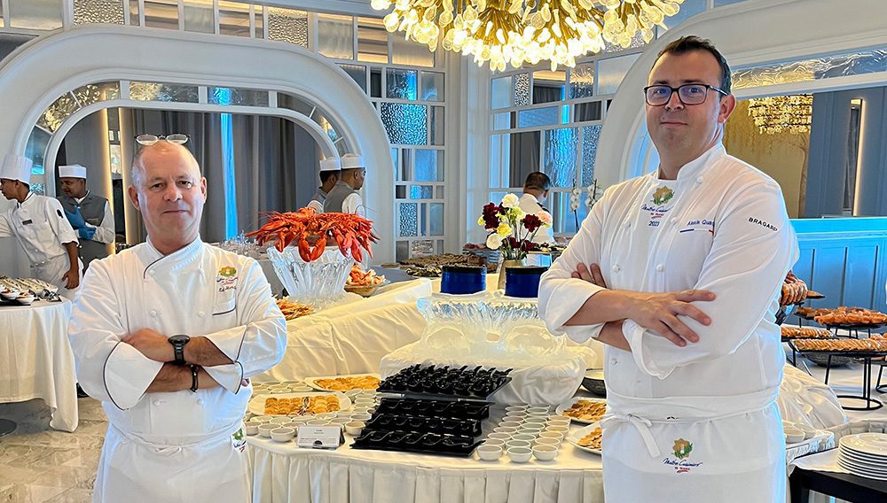 Oceania Cruises Executive Culinary Directors Eric Barale (left) and Alexis Quaretti in The Grand Dining Room aboard Vista.
