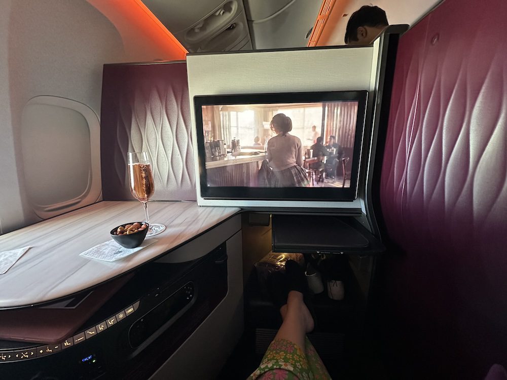 Entertainment screen and door shut within the Qsuite. Credit: Katrina Holden._Qatar Airways