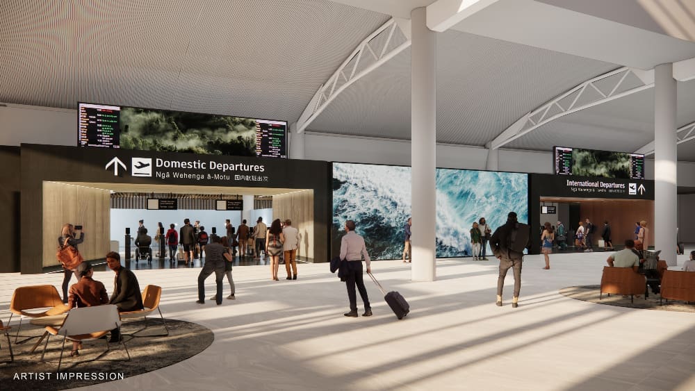 Artist impression of people walking through the interior of Auckland Airport's new domestic terminal. 