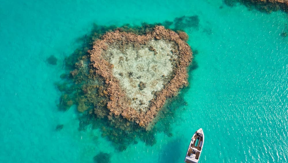 An aerial view of Heart Island. Access from Hamilton Island in the Whitsundays.