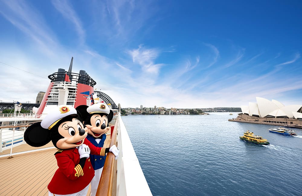 Captains Mickey Mouse and Minnie Mouse aboard Disney Wonder cruise ship in Sydney. Cruise Industry.