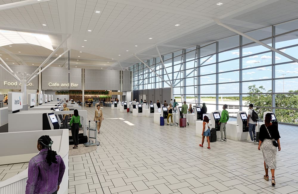 Animation still of BNE International Terminal check-in and bag drop area.