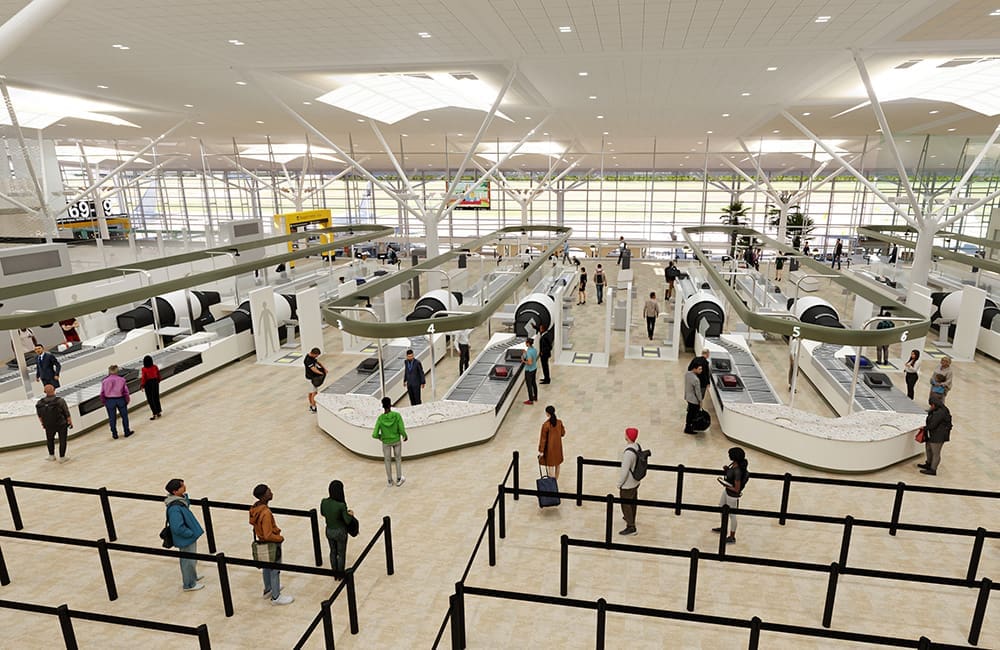 Animation still of BNE International Terminal security screening area.