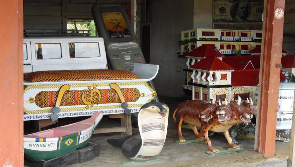 Examples of 'fantasy coffins' in Accra, Ghana.