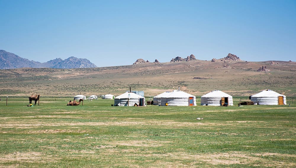 Sainshand village in Mongolia with nomadic yurts and camels.