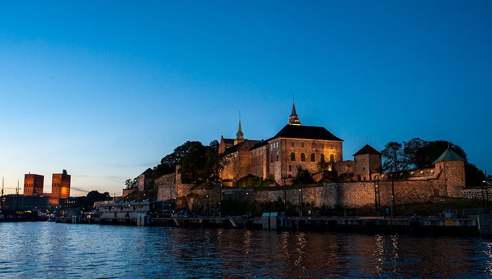 Akershus fortress in Oslo, Norway at night.