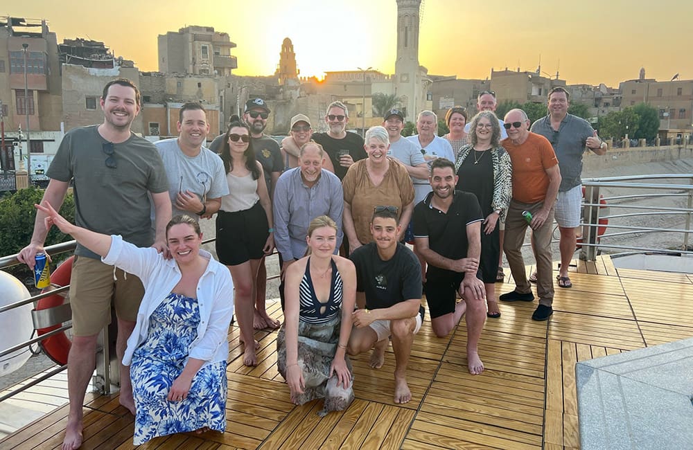 Group of travel agents on luxury sunset cruise on the Nile River in Egypt.