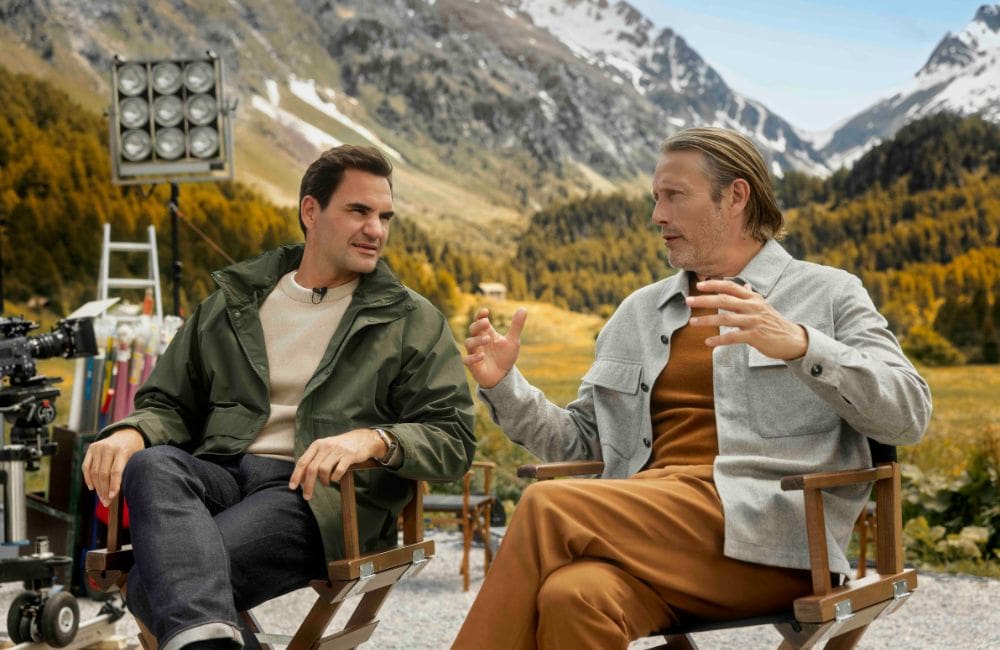 Roger Federer and Danish actor Mads Mikkelsen on set of the new campaign