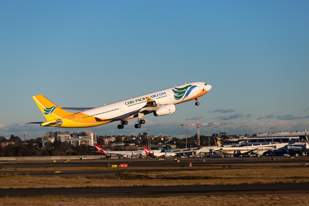 Cebu Pacific Air Airbus A330 take off from Sydney Kingsford Smith Airport. Registration RP-C3345