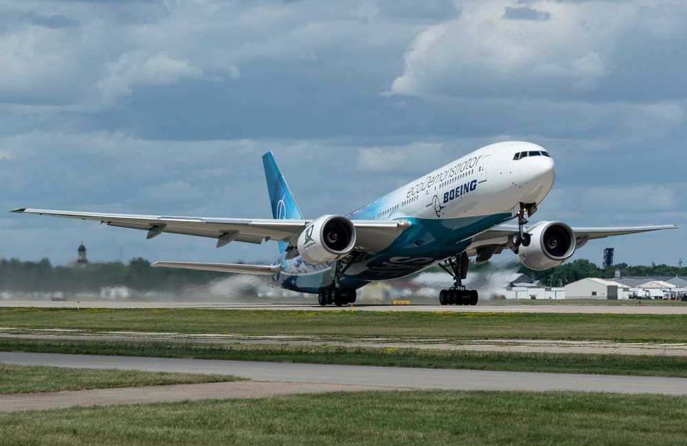Boeing B777-200 ecoDemonstrator aircraft taking off from Oshkosk Wittman Airport, Wisconsin.