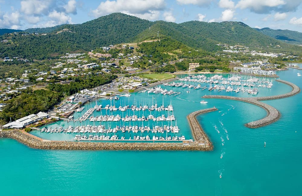 Aerial view of Coral Sea Marina in Airlie Beach, Queensland.