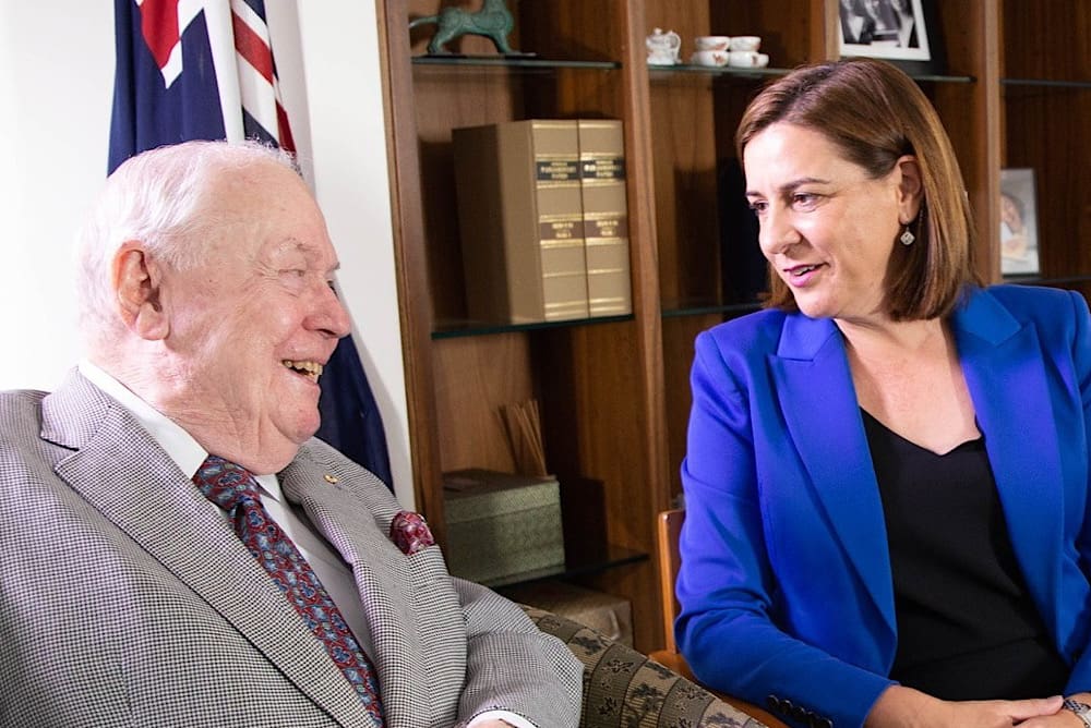 Sir Frank Moore with Deb Frecklington MP. Image: Deb Frecklington Facebook.