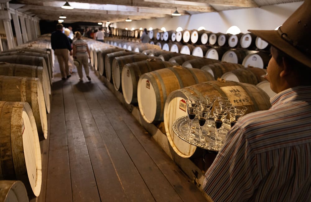 Man holding tray of port in wine cellar with Indian Pacific Platinum guests at Seppeltsfield Estate.