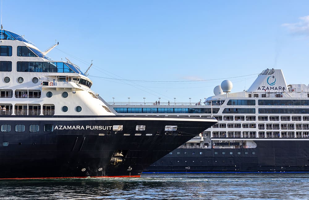 Close-up of Azamara Pursuit and Azamara Onward cruise ships in Sydney Harbour.