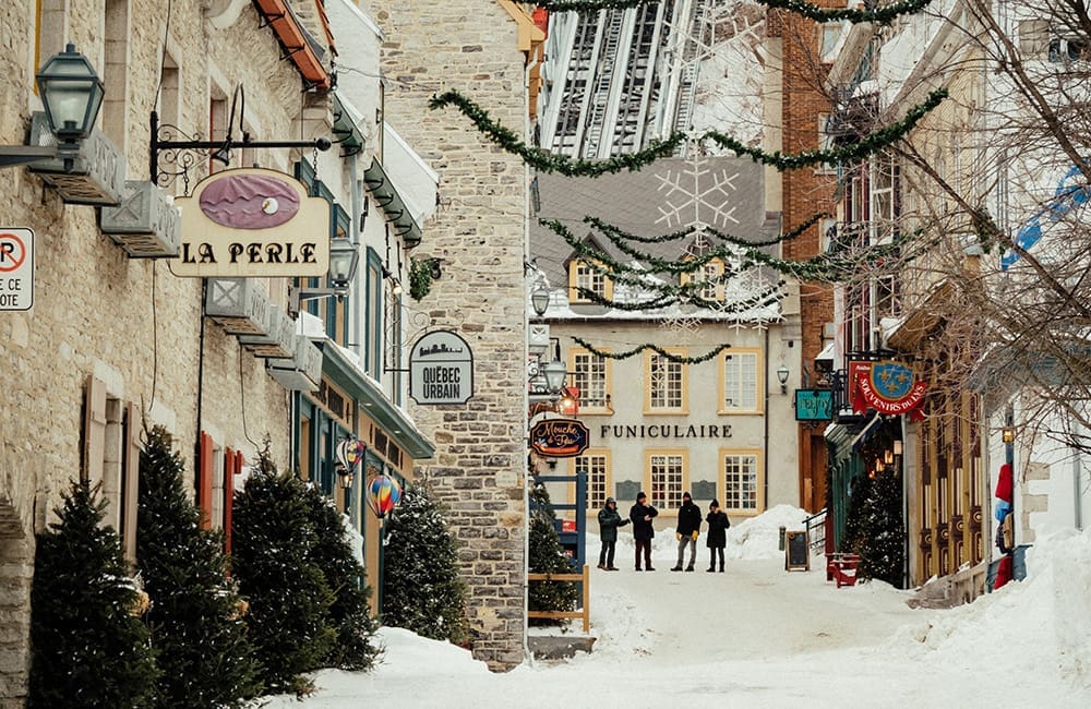 A snowy street scene in Québec City, Quebec, Canada. Image: Destination Canada
