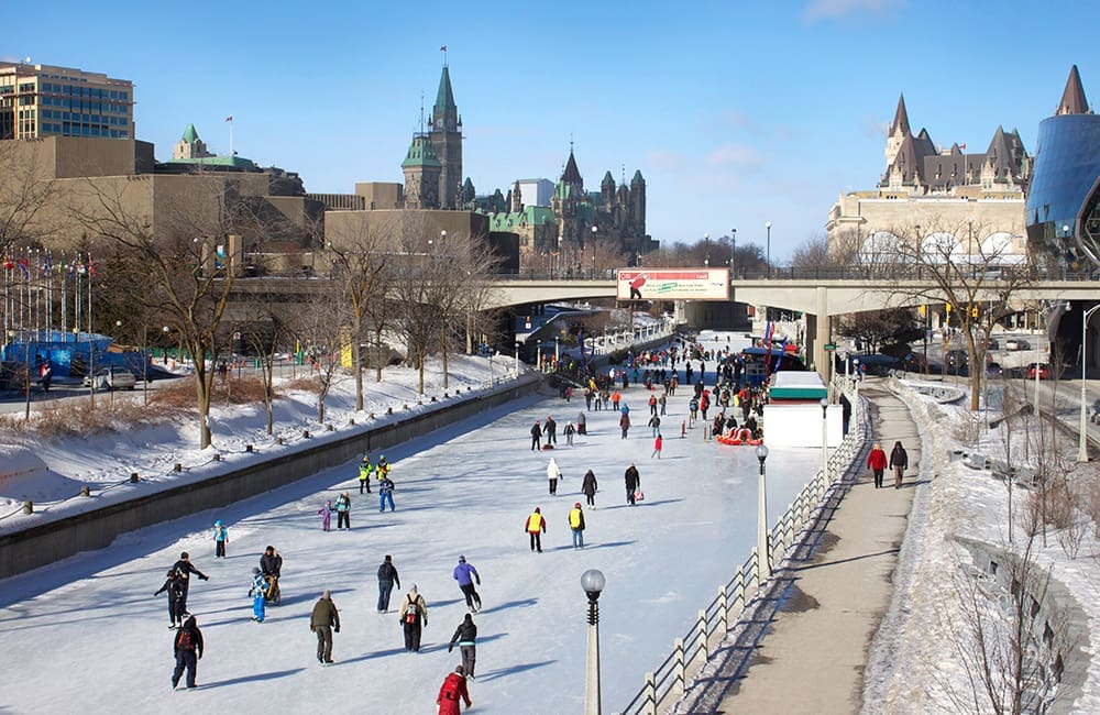Aerial shot of people ice skating on the frozen Rideau Canal in Ottawa, Ontario. Image: Destination Ontario