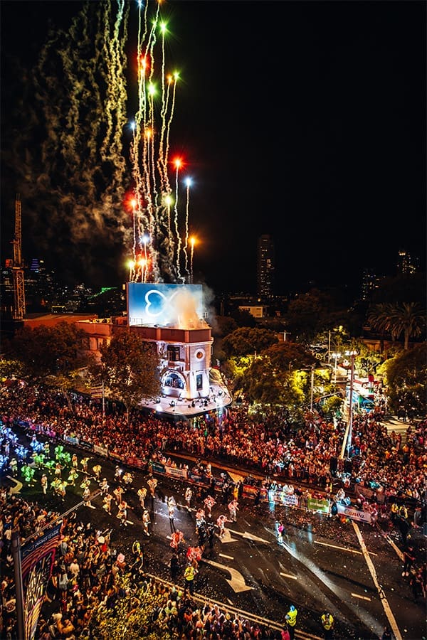 Aerial shot of Sydney Gay & Lesbian Mardi Gras Parade 2024 at Taylor Square in Sydney with lights and fireworks. Sydney Gay & Lesbian Mardi Gras 2025 Parade