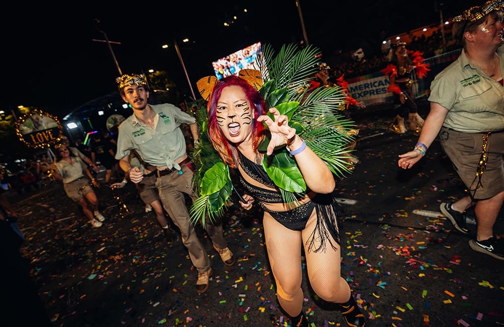 People in uniforms and animal costumes at Sydney Gay & Lesbian Mardi Gras 2024 Parade. Image: Jordan Munns