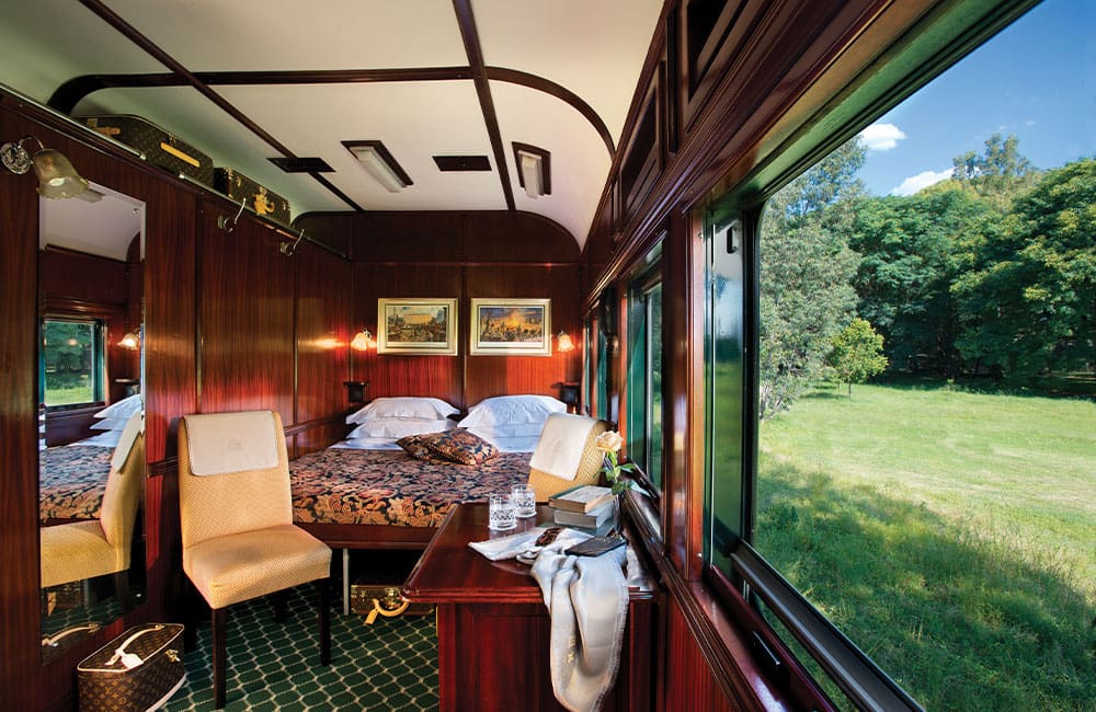 A deluxe double cabin on a Rovos Rail train