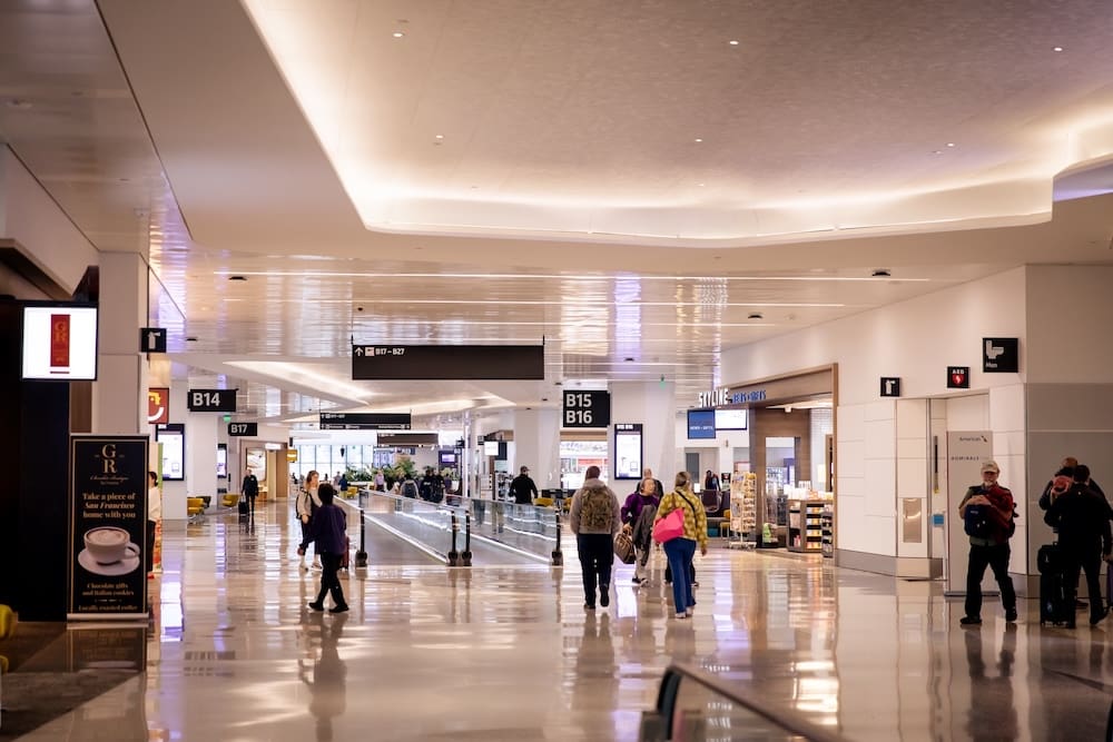 San Francisco, California, US - February 16, 2024: San Francisco Airport (SFO), inside of Harvey Milk Terminal, home of domestic boarding areas with bars, restaurants, sitting areas and stores U.s. Travel tourism