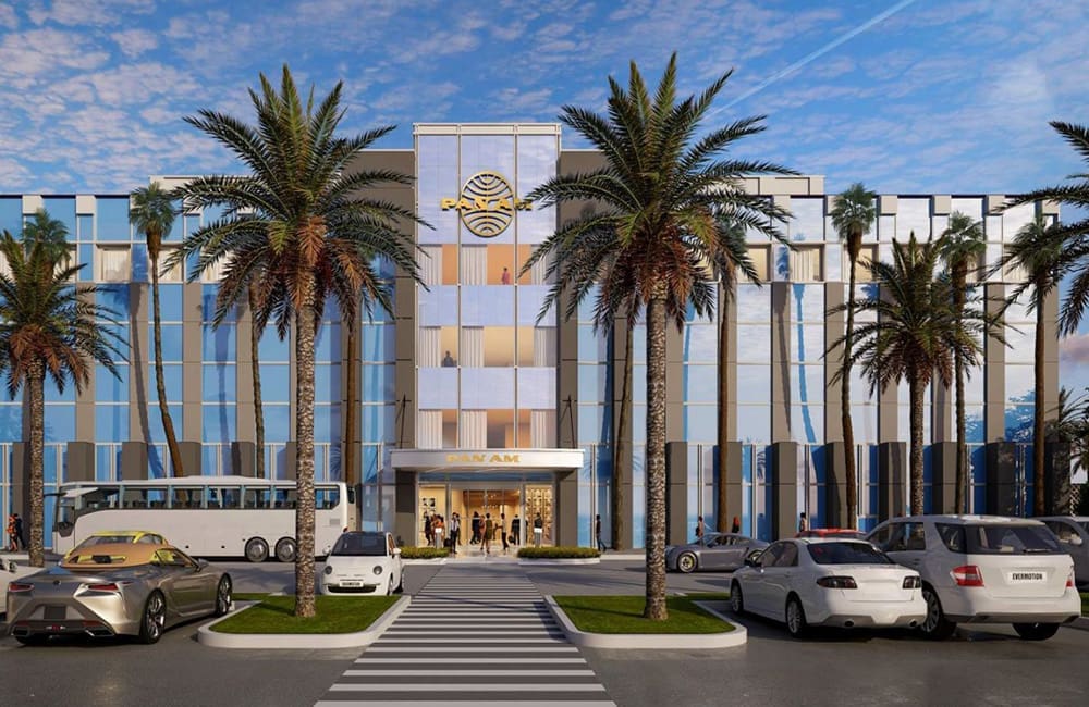 Render of the façade of the upcoming Pan Am Hotel by Hilton at Citadel Outlets.