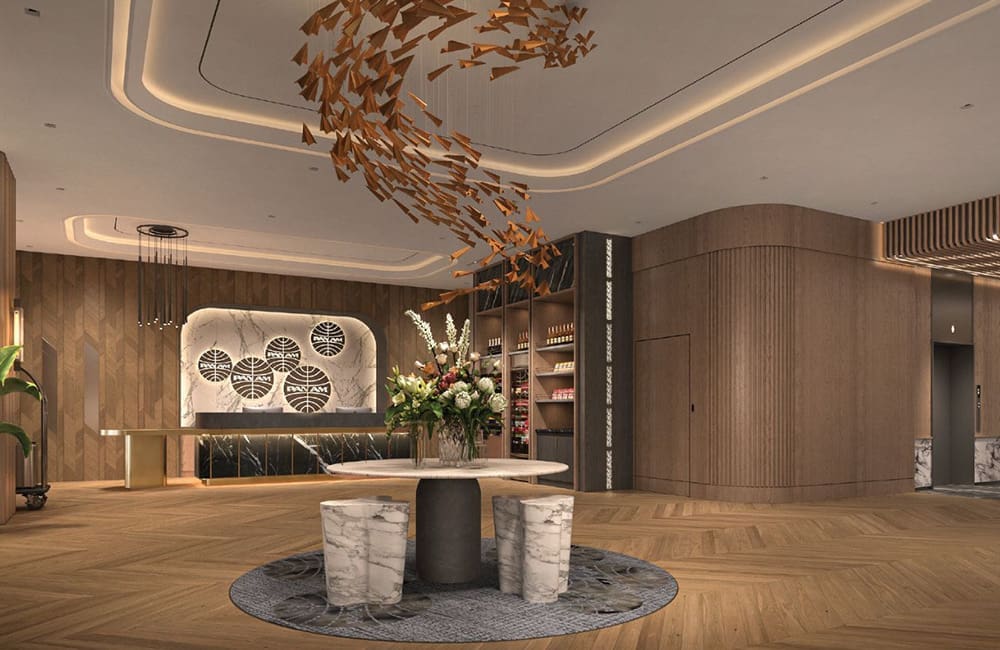 Render of the front desk area at Pan Am Hotel by Hilton at Citadel Outlets 