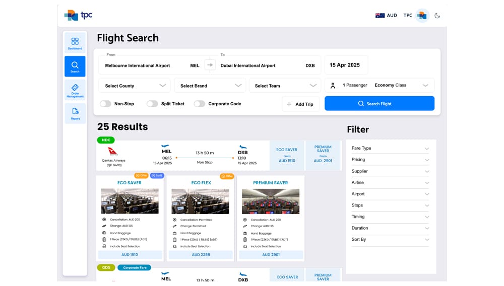 TPConnects Iris flight search page.