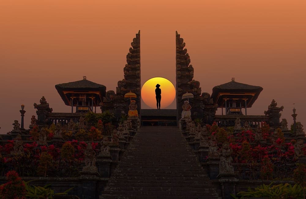 Sunset at Pura Besakih temple on the slopes of Mount Agung.