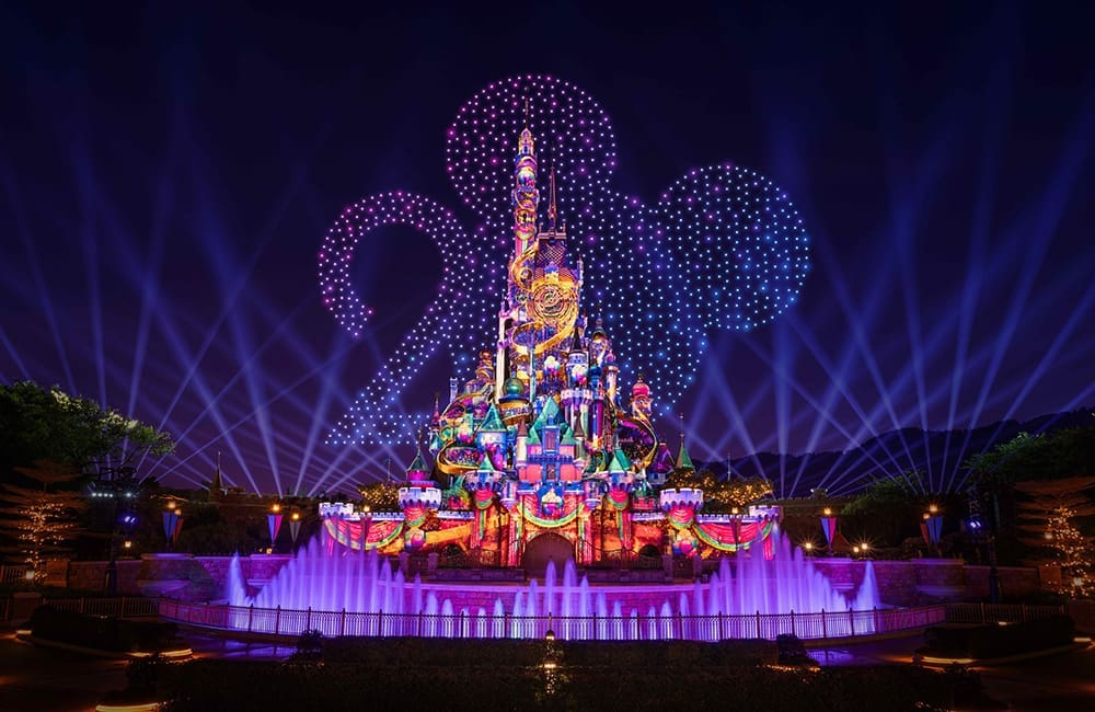 Render of Momentous: Party in the Night Sky! night-time spectacular at HKDL. Image: Disney