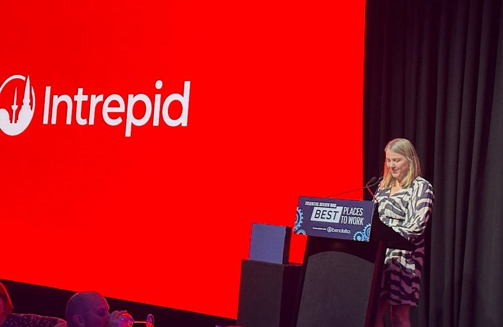 Intrepid’s General Manager People Kirrily Tibb accepted Intrepid’s Best Places to Work Awards for Large Organisation and Retail, Hospitality, Tourism and Entertainment