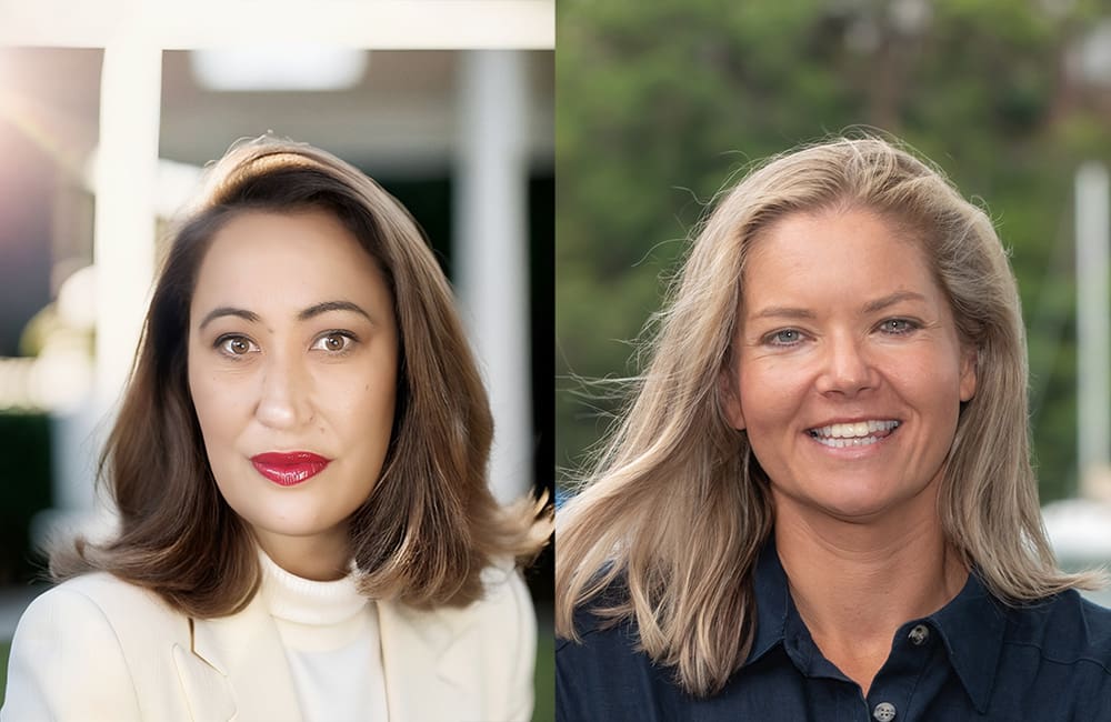 Composite female headshots against different backgrounds.