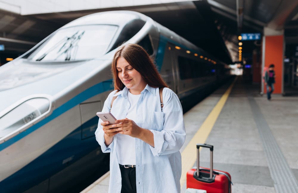 Woman waiting train in European station with backpack and using smartphone.