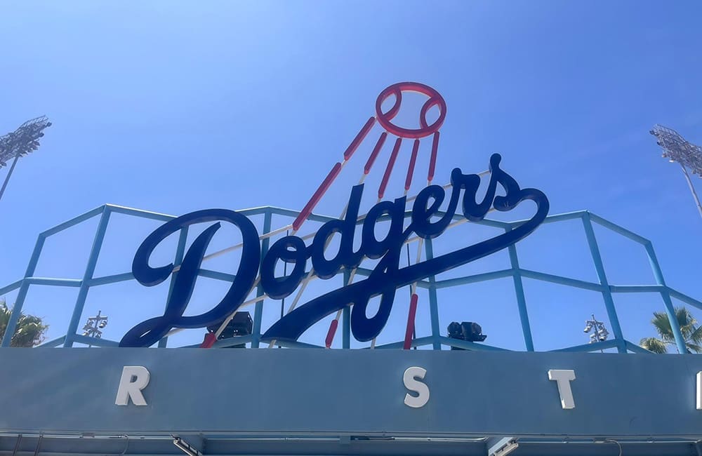 Close-up of Dodgers sign at Dodger Stadium.