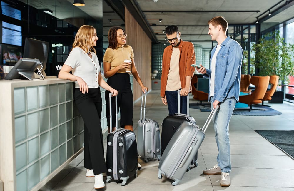 Group of young Gen Z and Millennial business travellers in hotel check-in.