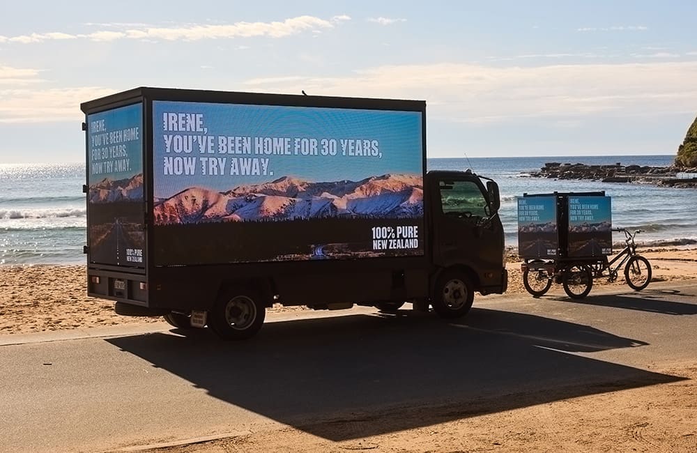 Tourism New Zealand's mobile billboard truck and trike in Palm Beach, Sydney, the setting for Home and Away.