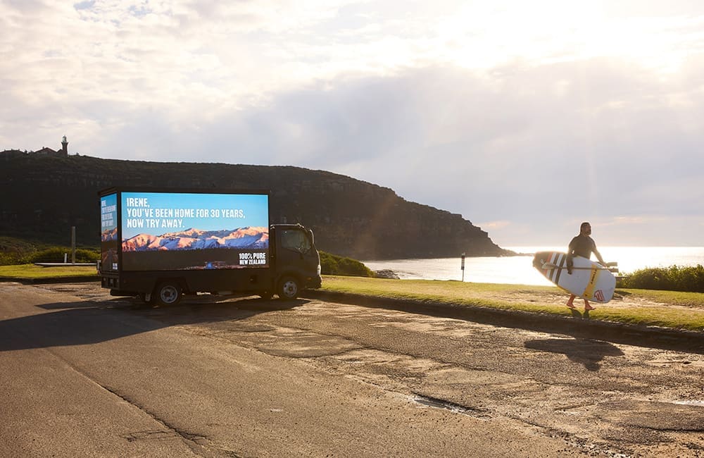 Tourism New Zealand's mobile billboard truck in Palm Beach, Sydney, the setting for Home and Away.
