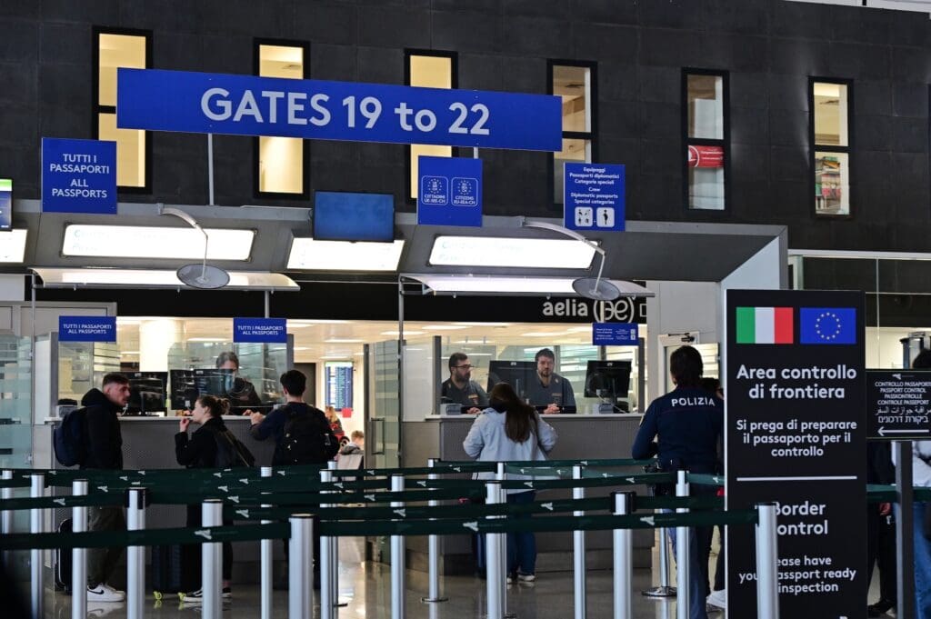 Passport control gates at international airport Catania Italy in 2024.