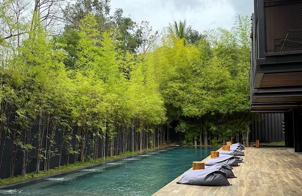 Even the poolside is considered. Clean lines, soft textures, and privacy offered by a wall of whispering bamboo. Coron