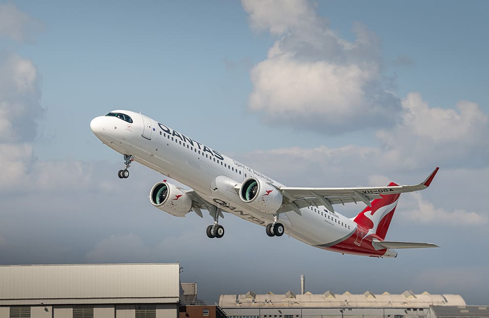 Qantas Airbus A321XLR aircraft named Great Ocean Road (VH-OGA) in air