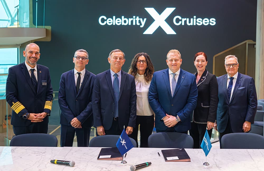 Celebrity Cruises takes delivery of Xcel with Captain Kyriakos Matragkas (left), Royal Caribbean Group President & CEO Jason Liberty (third from right) and Celebrity Cruises President Laura Hodges Bethge (second from right).
