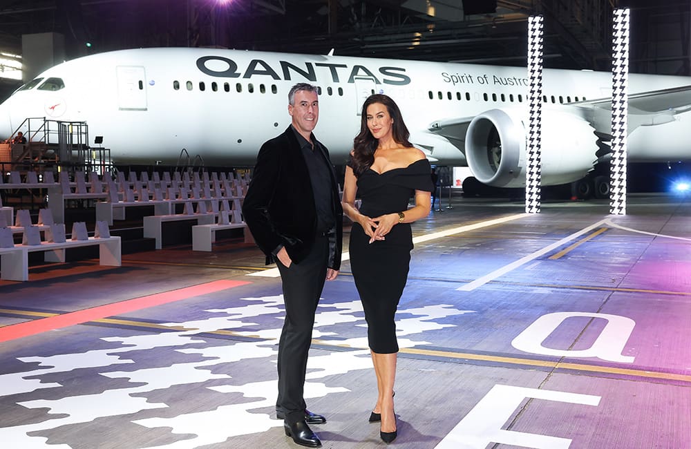 David Jones CEO Scott Fyfe and Friend of David Jones Megan Gale at Qantas Hangar 96.