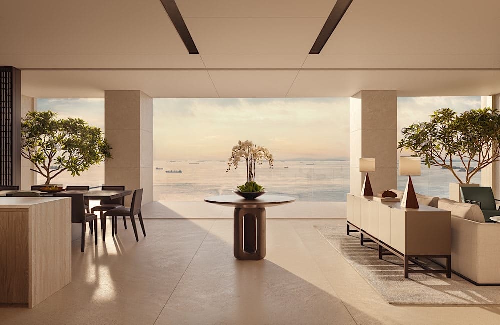 Panoramic views across the South China Sea form the backdrop to Aman Singapore’s hotel spaces and dining venues.
