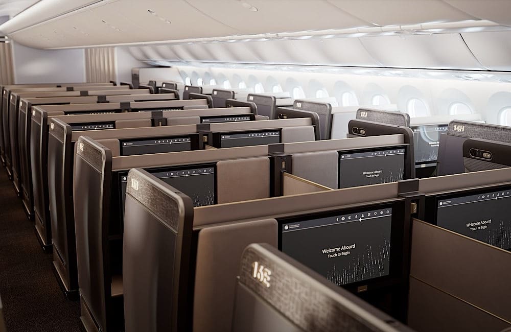 Each suite converts to a 198-centimetre fully flat bed with high walls for enhanced privacy and sliding-door capability.