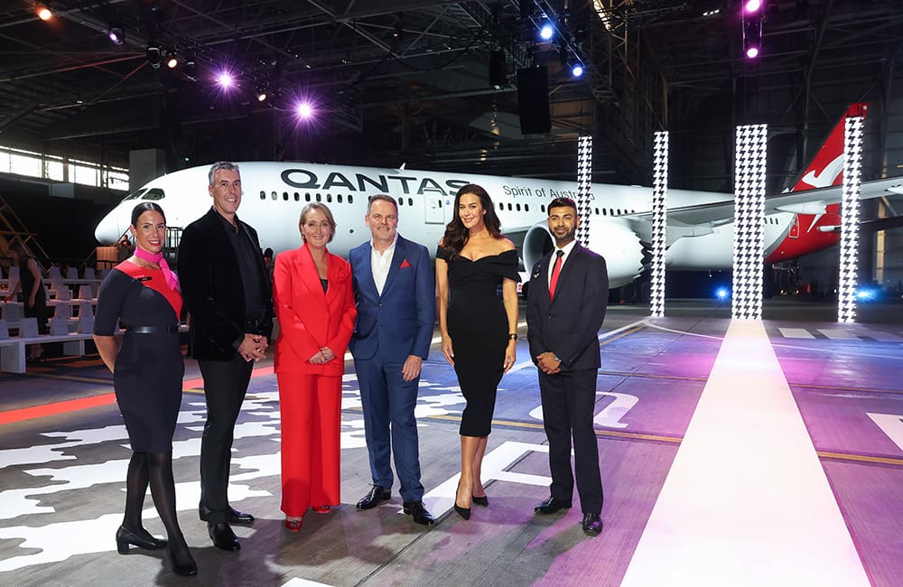 Qantas x David Jones execs with flight attendants.