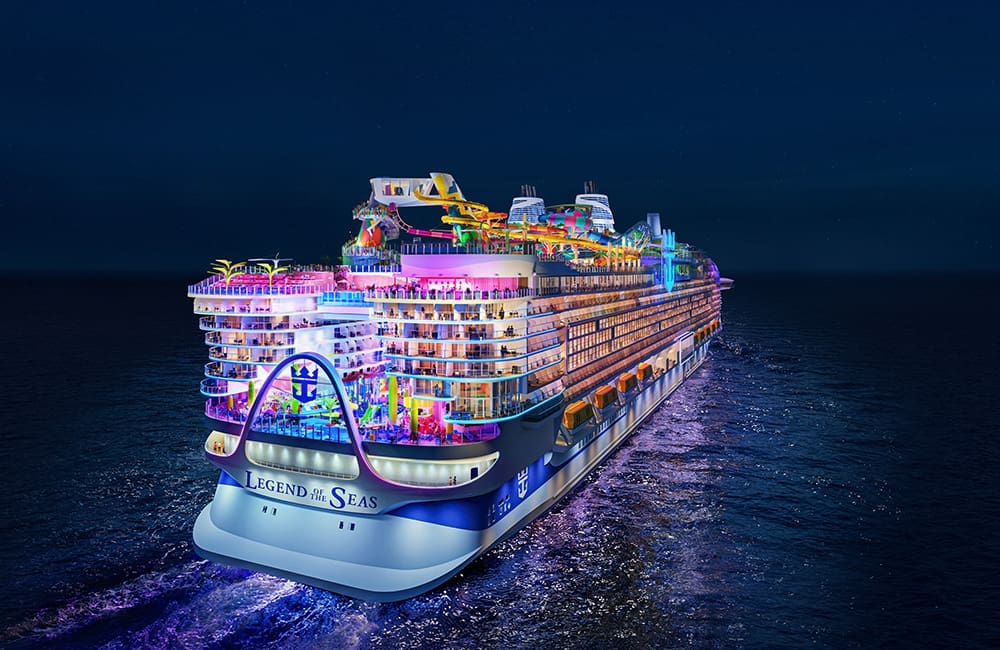 CGI render of Legend of the Seas at night.