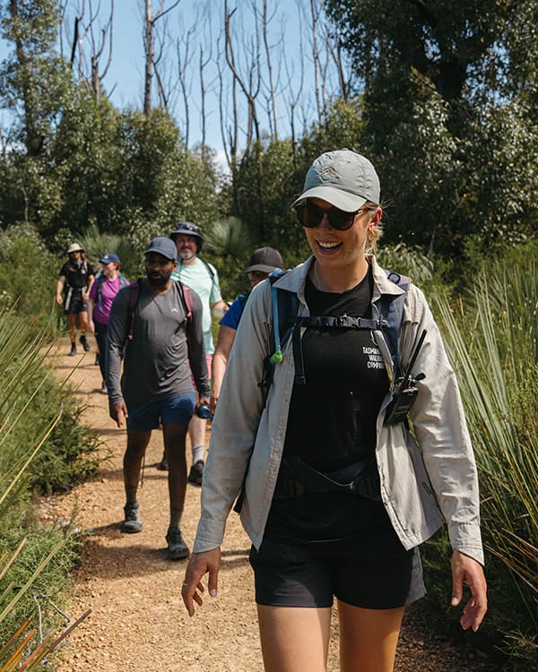 Great Walks of Australia – TWC guide with group on Platypus Waterholes Walk on the Kangaroo Island Signature Walk. Image: Declan Hartley-Brown