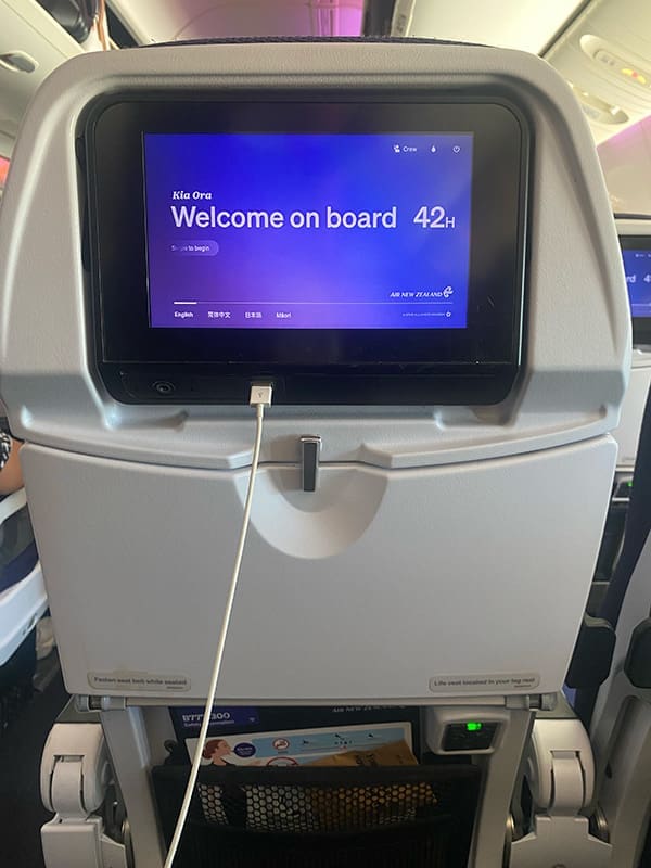 42H seatback screen in international economy on Air New Zealand B777-300ER aircraft. Image: Cassie Tannenberg
